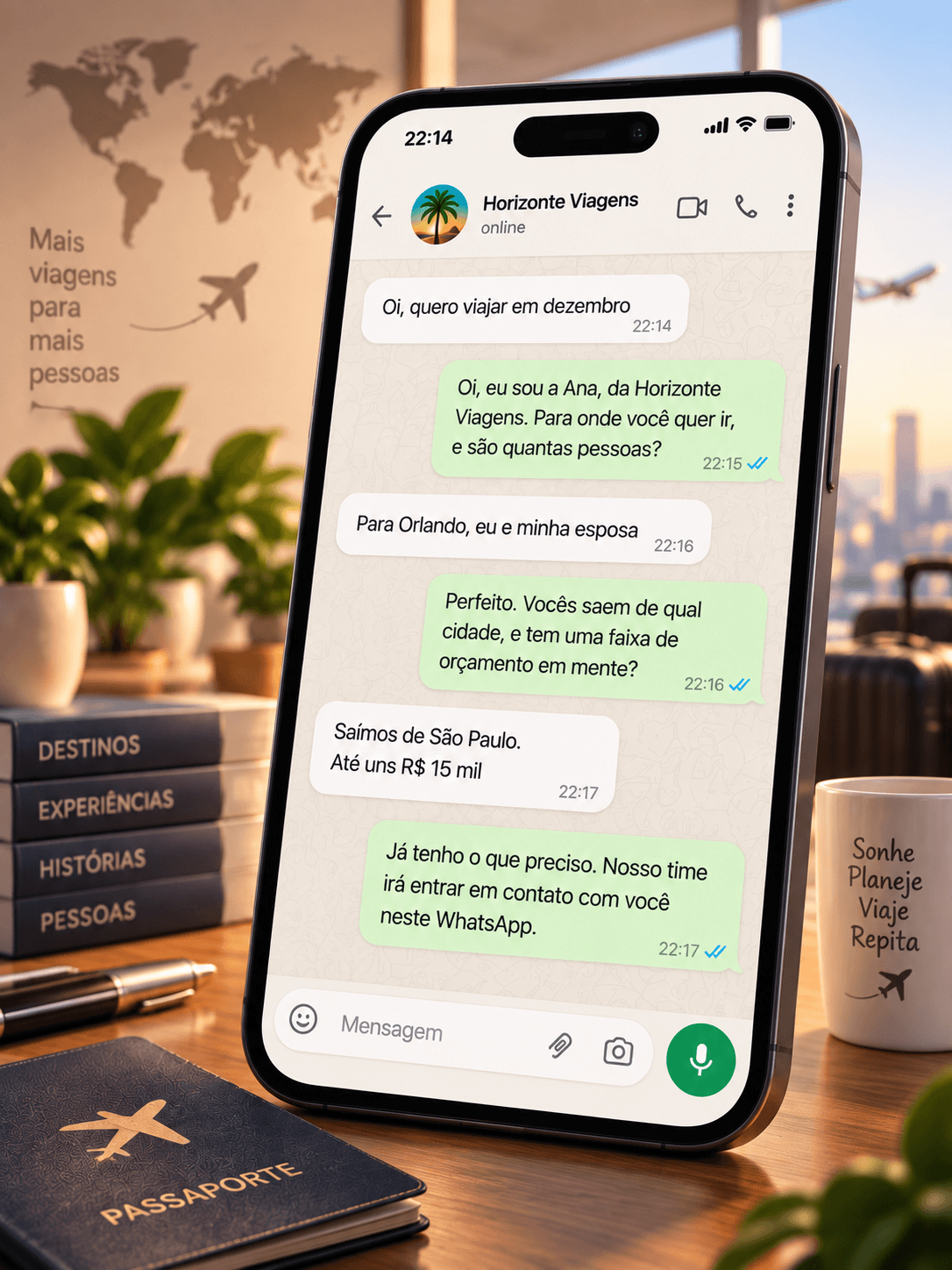 WhatsApp atende o lead. Você fecha a viagem.